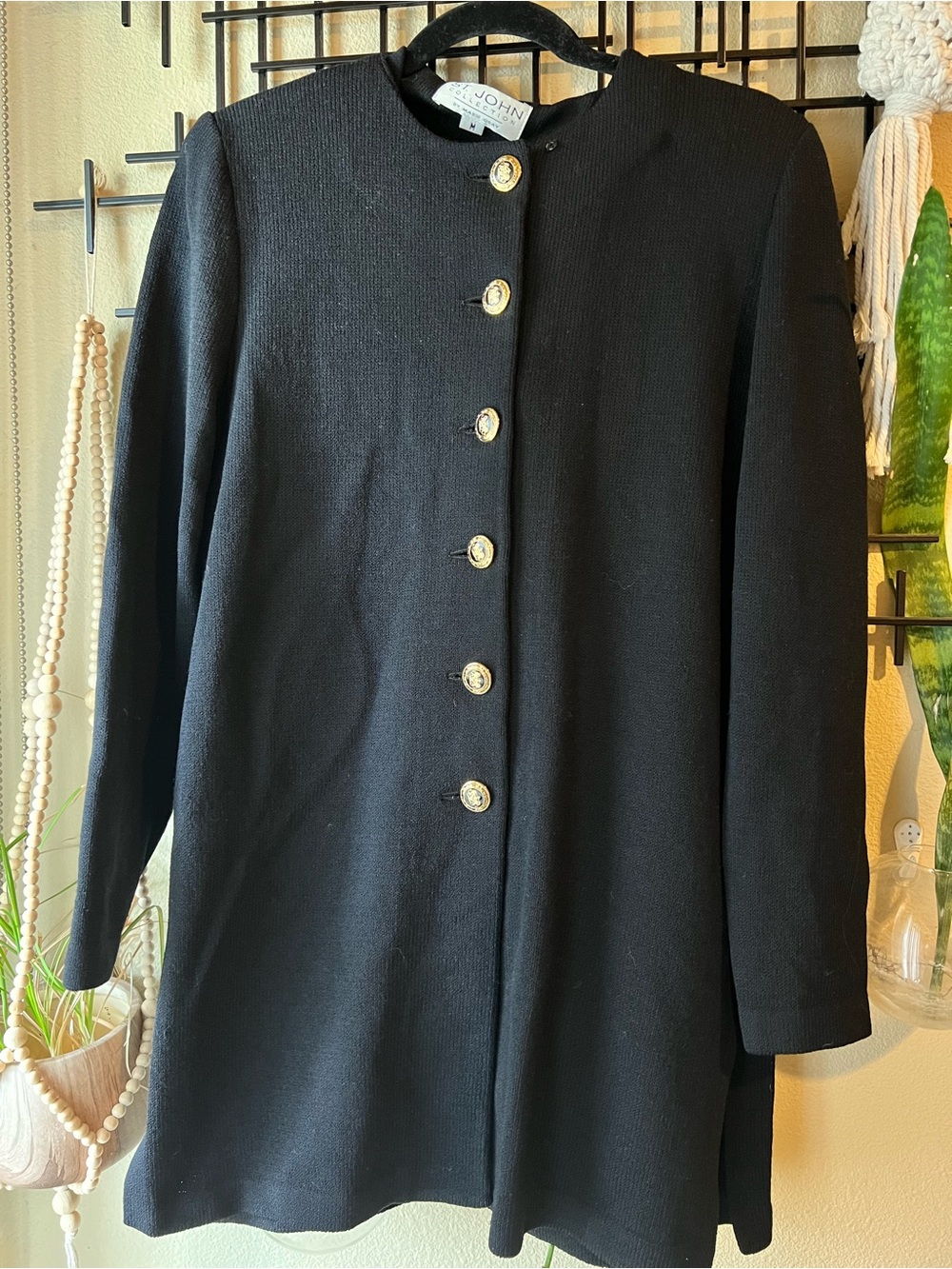 St. John Collection Black Knit Collarless Jacket with Gold Buttons